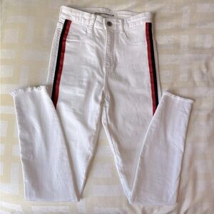 Zara Trafaluc Denim White Skinny Jeans with Red and Black Stripes
